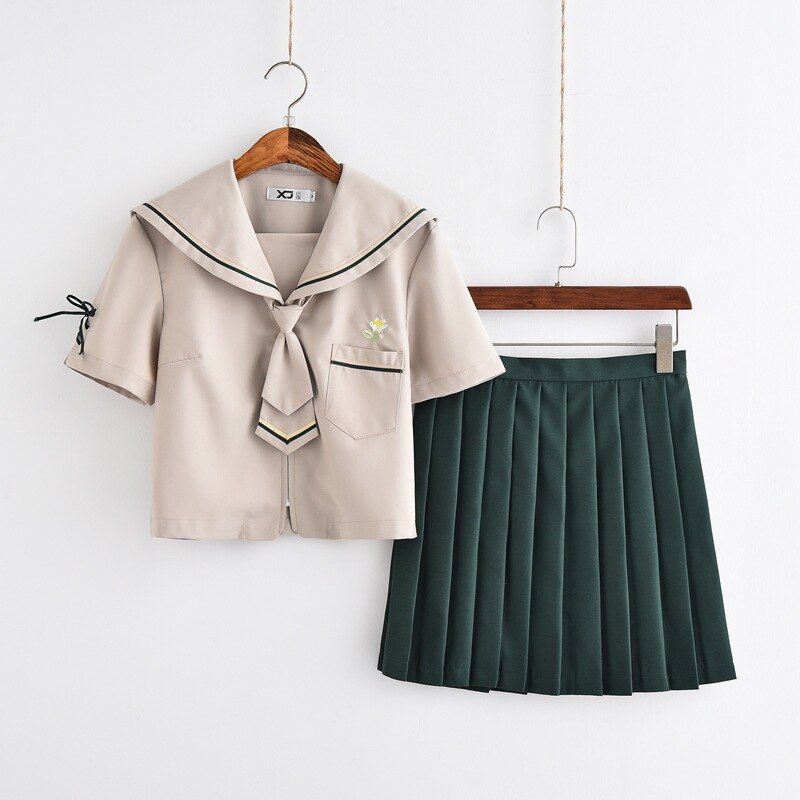 Japanese JK uniform British College style Sailor suit Student school uniform Brown Short sleeve suit Women Pleated Skirt Summer