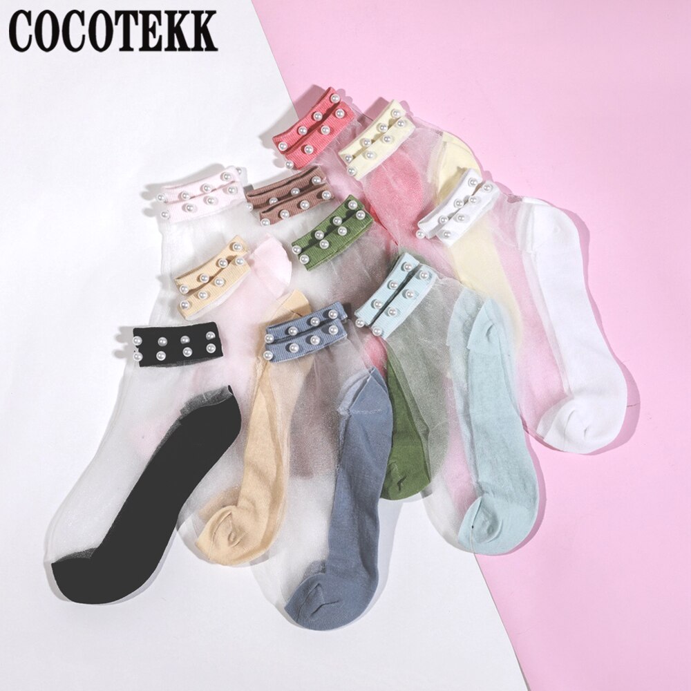 Calcetines modernos de verano para mujer, medias de malla fina, transparente, suave y fresca, con perlas brillantes
