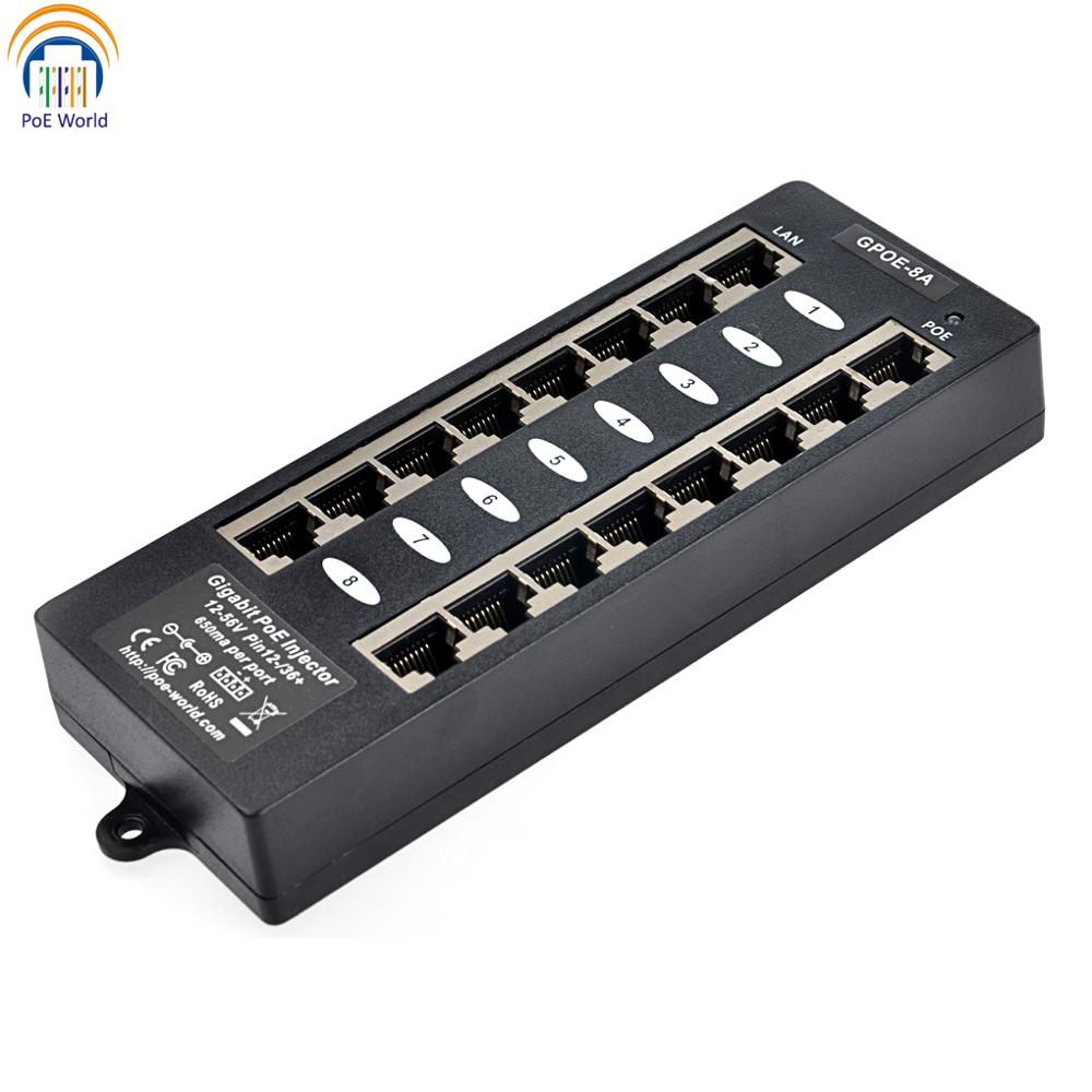 Multi Port Gigabit PoE Injector with 8 Ports for Power and Data To 8 Devices- Passive or 802.af, Mode A Gigabit PoE Patch Panel