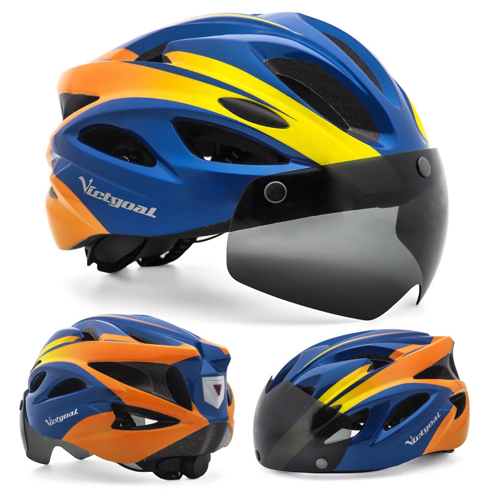 VICTGOAL Adults Goggle Bike Helmet LED Rear Light Men Women Cycling Helmet Road Bicycle Helmets MTB E-Bike Scotter Headgear M/L: BlueOrange Helmet