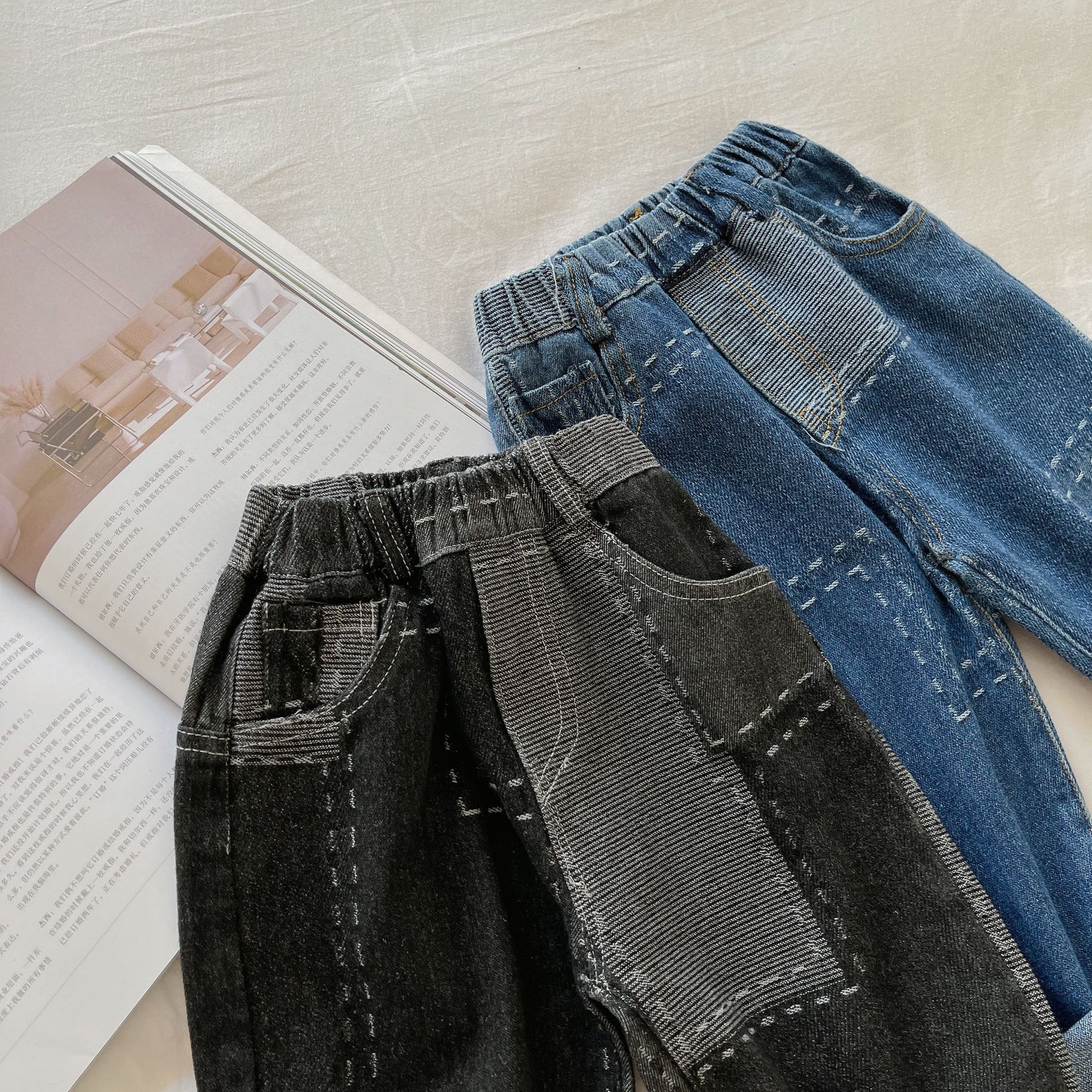Children's Jeans Autumn Girls and Boys Personality Line Patchwork Color Jeans Casual Pants