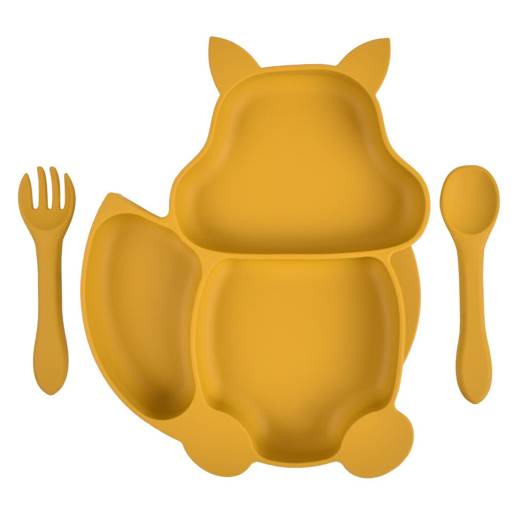 Baby Feeding Set Blue Silicone Suction Plate Squirrel Shape Self Feeding Training Stay Put Plate Soft Spoon Fork Dish Kit: 5