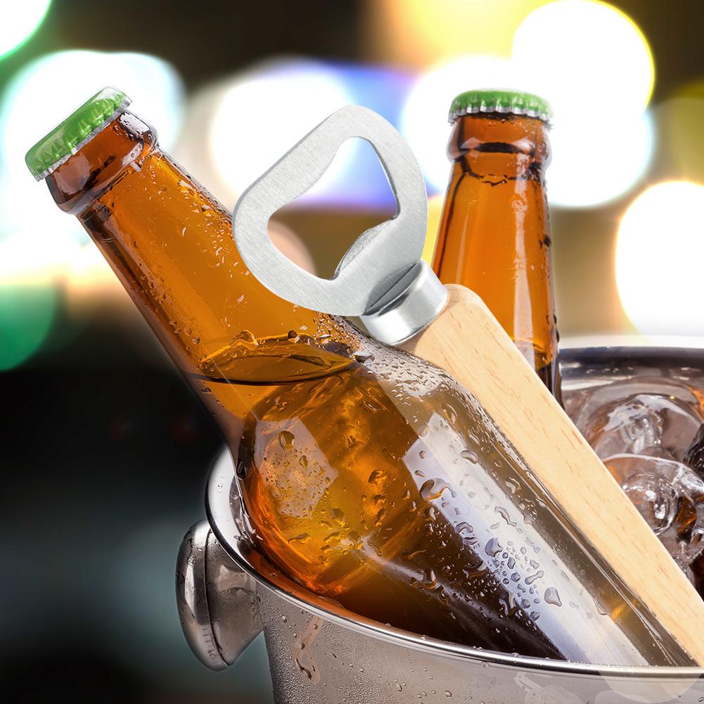 Abridor de botellas de acero inoxidable, herramientas de cerveza para Bar, con mango de madera, tapa de cerveza, lanzador de cocina, 1 Uds.