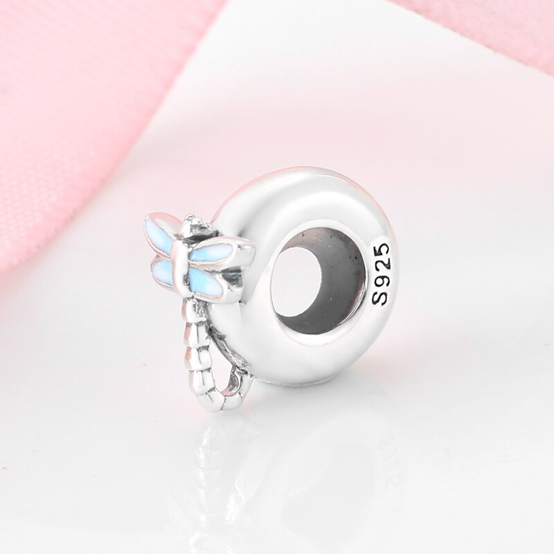 925 Sterling Silver Blue Enamel Dragonfly Stopper spacer Beads fit European Bracelets Making