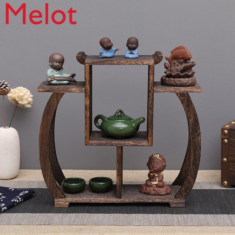Small Solid Wood Chinese Style Tea Pot Tray Burn Paulownia Hand Polished Antique-and-curio Shelves Teapot Set