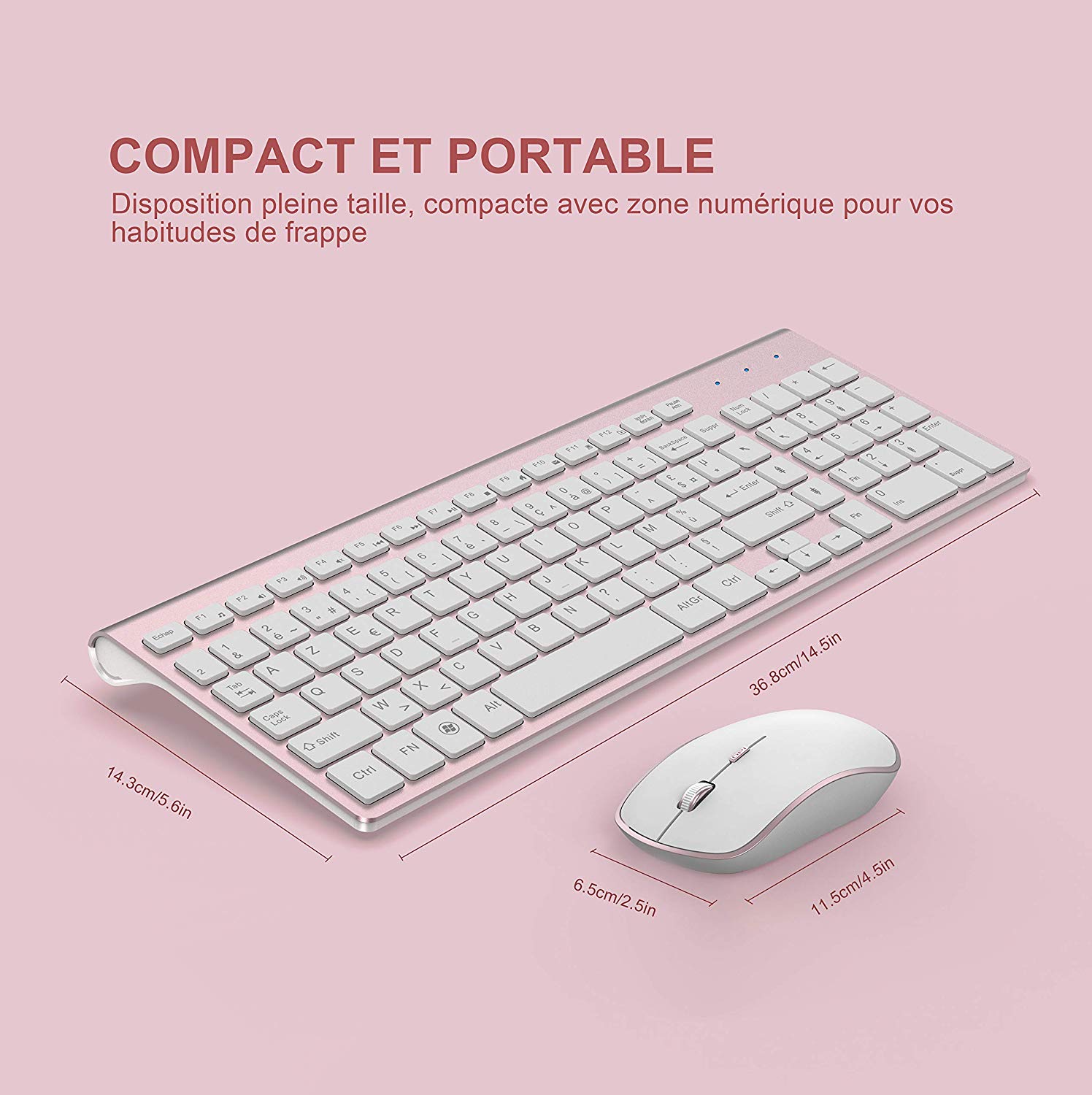 Wireless Keyboard Mouse,French full-size “AZERTY”French layout，Compatible with iMac Mac PC Laptop Tablet Computer .Pink
