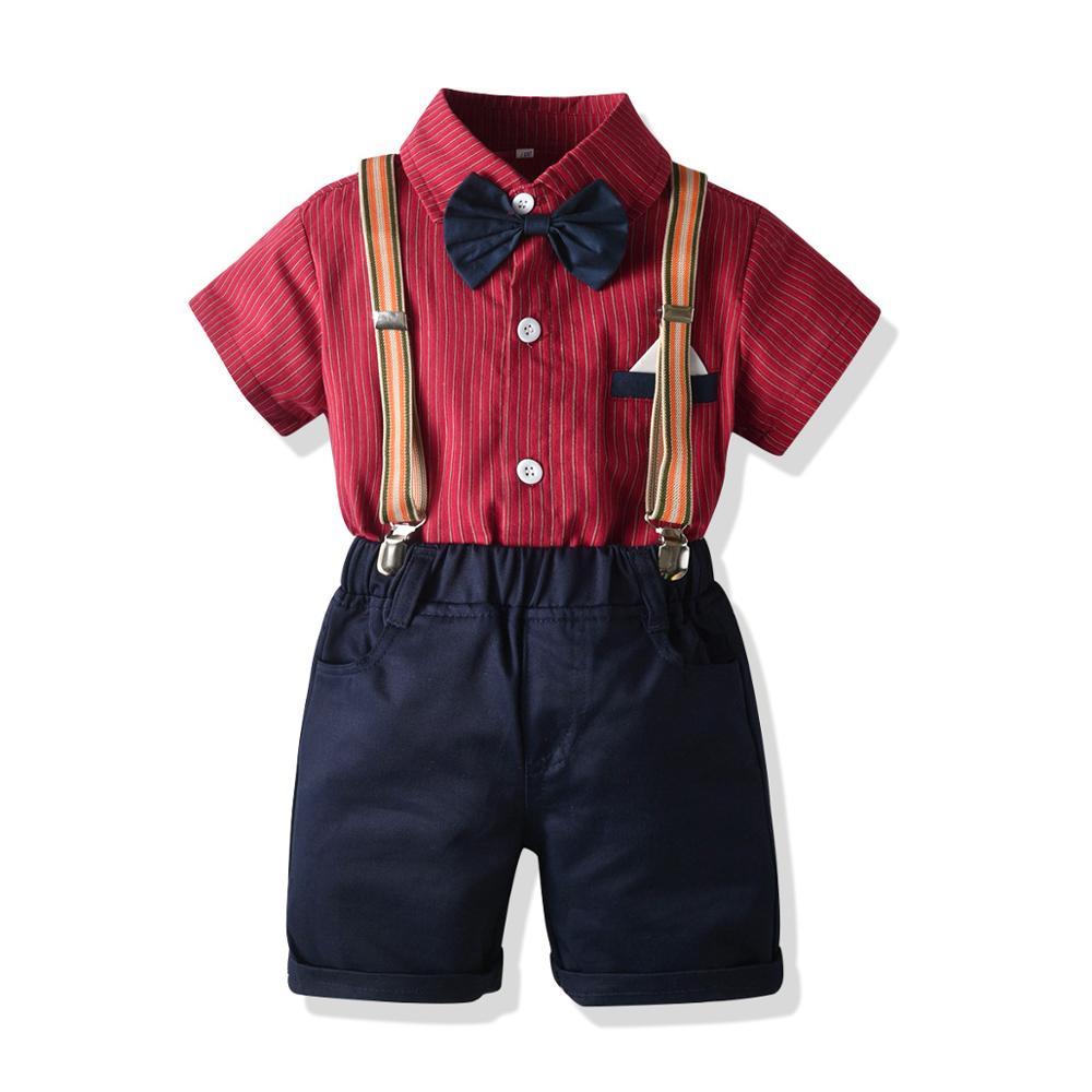 Conjunto de ropa de de cumpleaños para niños, traje Formal con pajarita, camisa a rayas rojas, pantalones cortos, traje de graduación, de verano