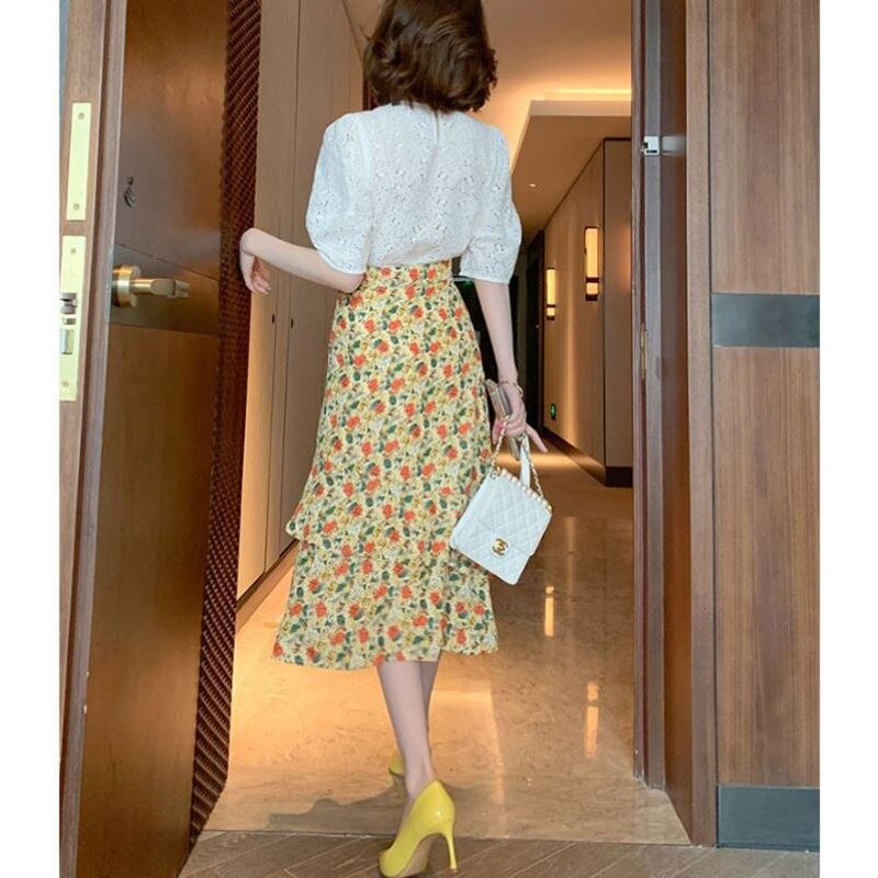 Awarose kobiet dziurawy koronki z krótkim rękawem szczyt kwiatowy liści lotosu spódnica 2 dwuczęściowy modne ciuchy zestaw kobiety lato elegancki garnitur