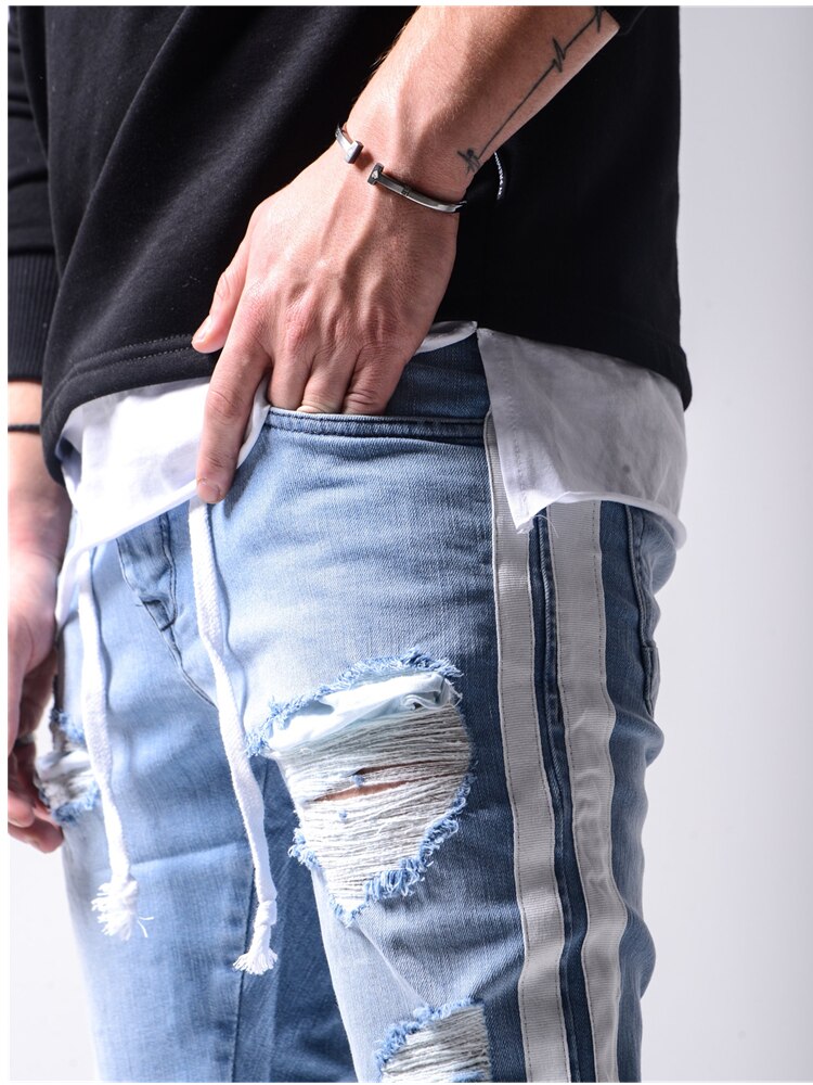 Män stretchiga trasiga hål skinny jeans sidrand dragkedja penna byxor jeans fritidsbyxor hip hop sweat byxor