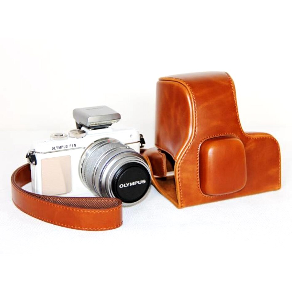 Pu lær kameraveske dekselveske for olympus pen e -pl7 e-pl8 epl 7 epl 8 med 14-42mm objektiv med stropp beskyttende veske