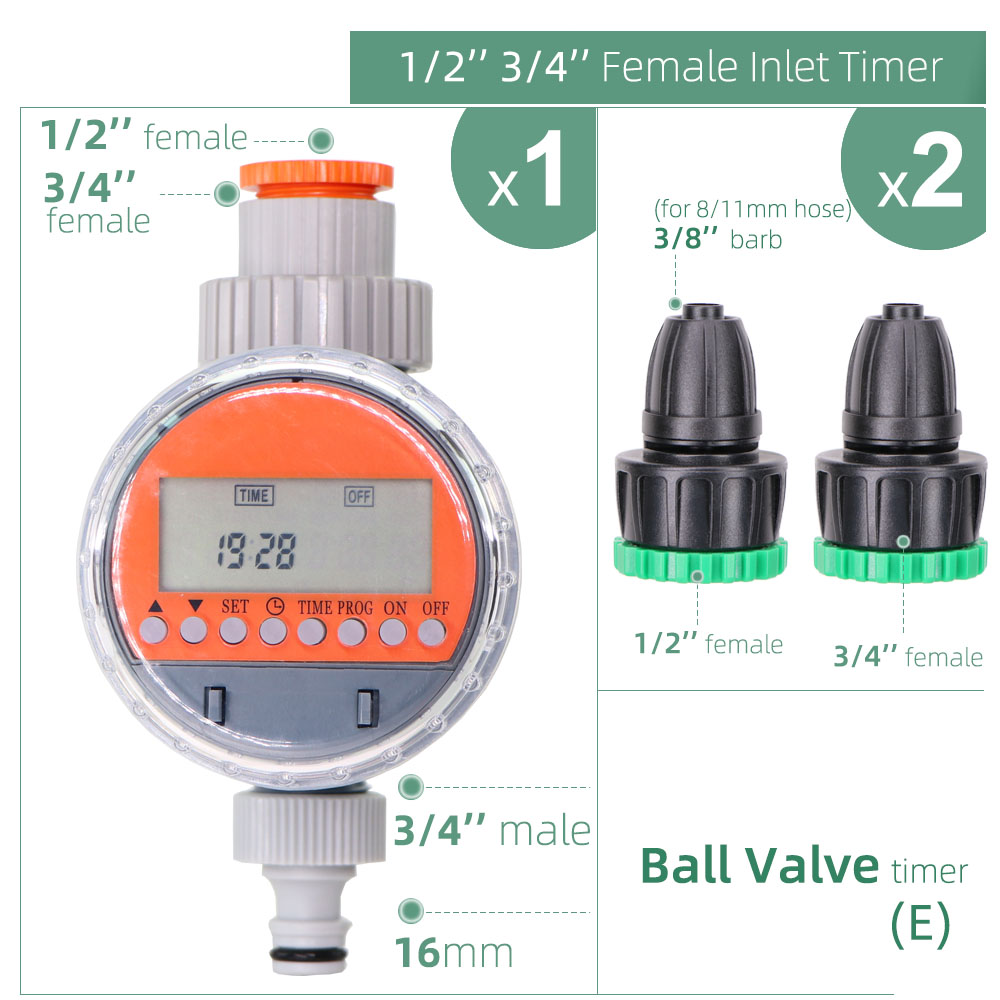 Garden Ball Valve Automatic LCD Water Timer Display Electronic Watering Irrigation Controller Sprinkler System Valve Faucet Hose: E