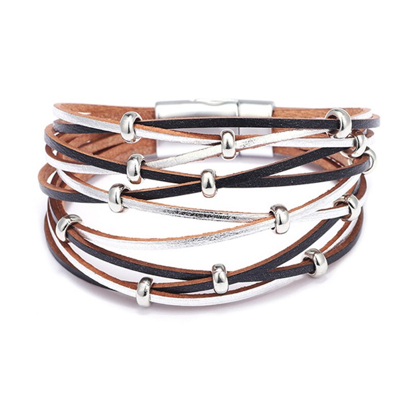 Feminino mão acessórios 10 multi camada vento pulseira de couro ampla envoltório pulseira femme ímã fivela jóias presente 2020: black