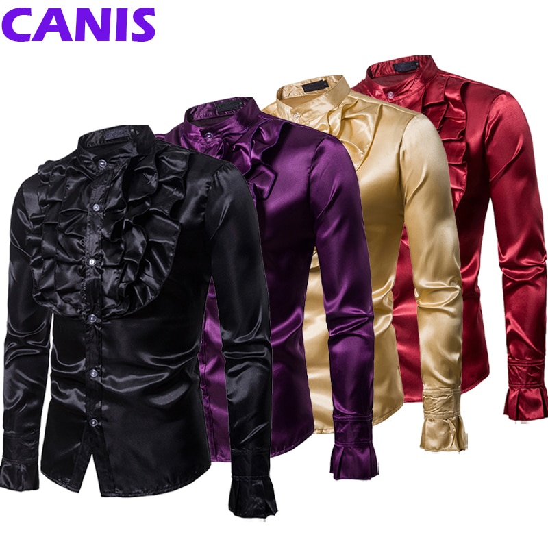 Stilfuld luksus silke skjorte herre satin glat solid smoking skjorte slim fit skinnende guld bryllup tøj skjorter