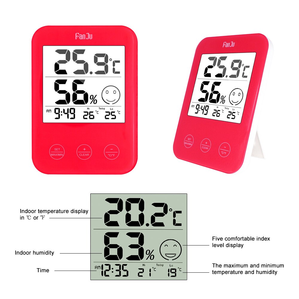 FanJu Digital Wall Table Desk Clock LCD Temperature Humidity Meter Thermometer Hygrometer Comfort Display FJ718