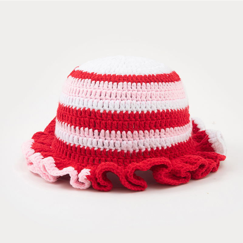 Colorful Crochet Ruffle Brim Knit Bucket Hats Winter Woman Handmade Stretch Fisherman Cap Outdoor Warm Windproof Beanie Hat: Red