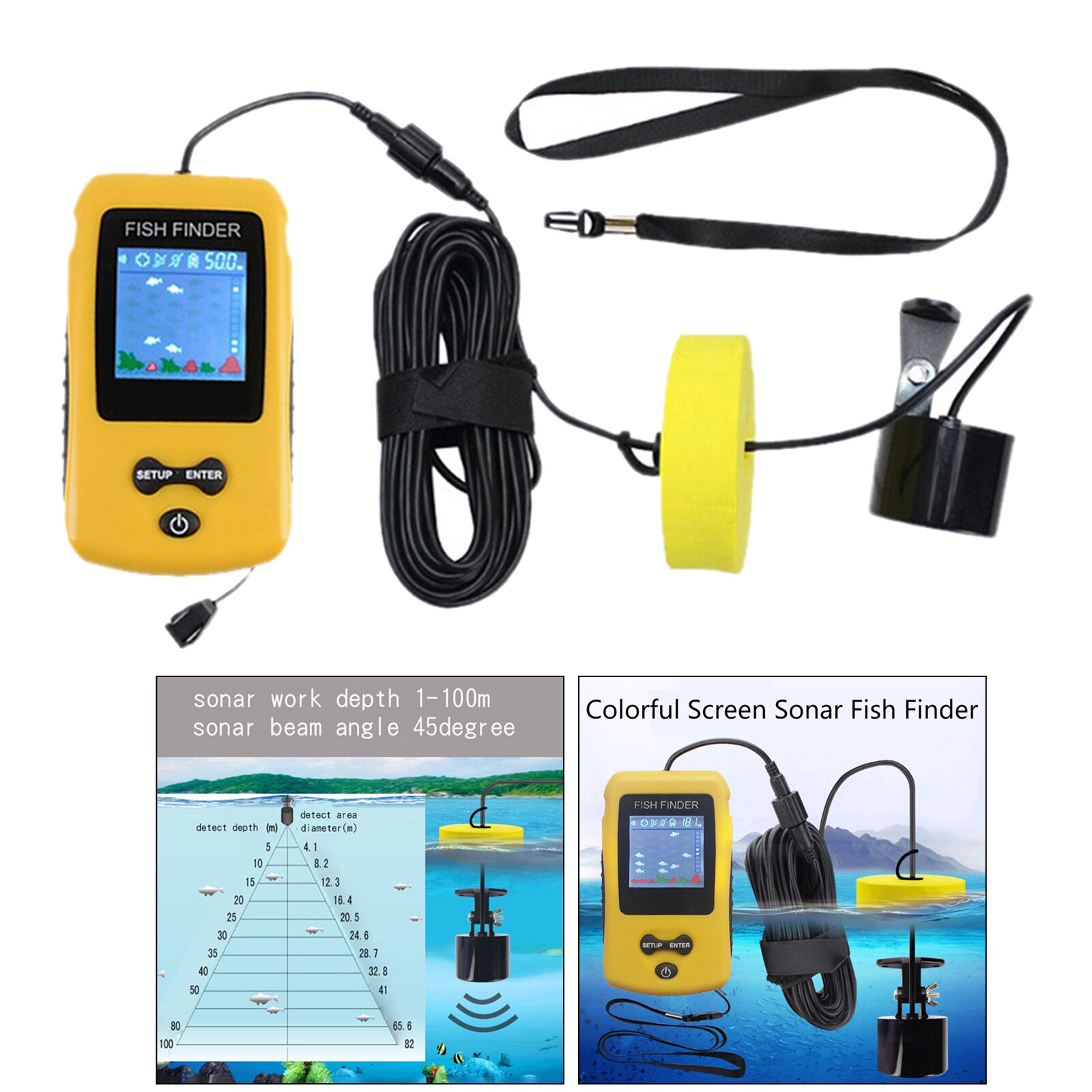 Portable Fish Finder, Contour Readout Compact Fishfinder Depth Sonar Sensor Transducer 5 Sensitivity Fish Depth Finder