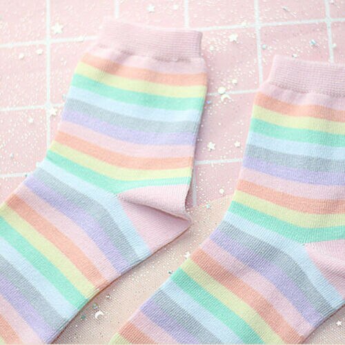 girl socks Novelty Rainbow Stripey Striped Multi Colour Pattern ANKLE Socks girl beauty socks: Rainbow Light Pink