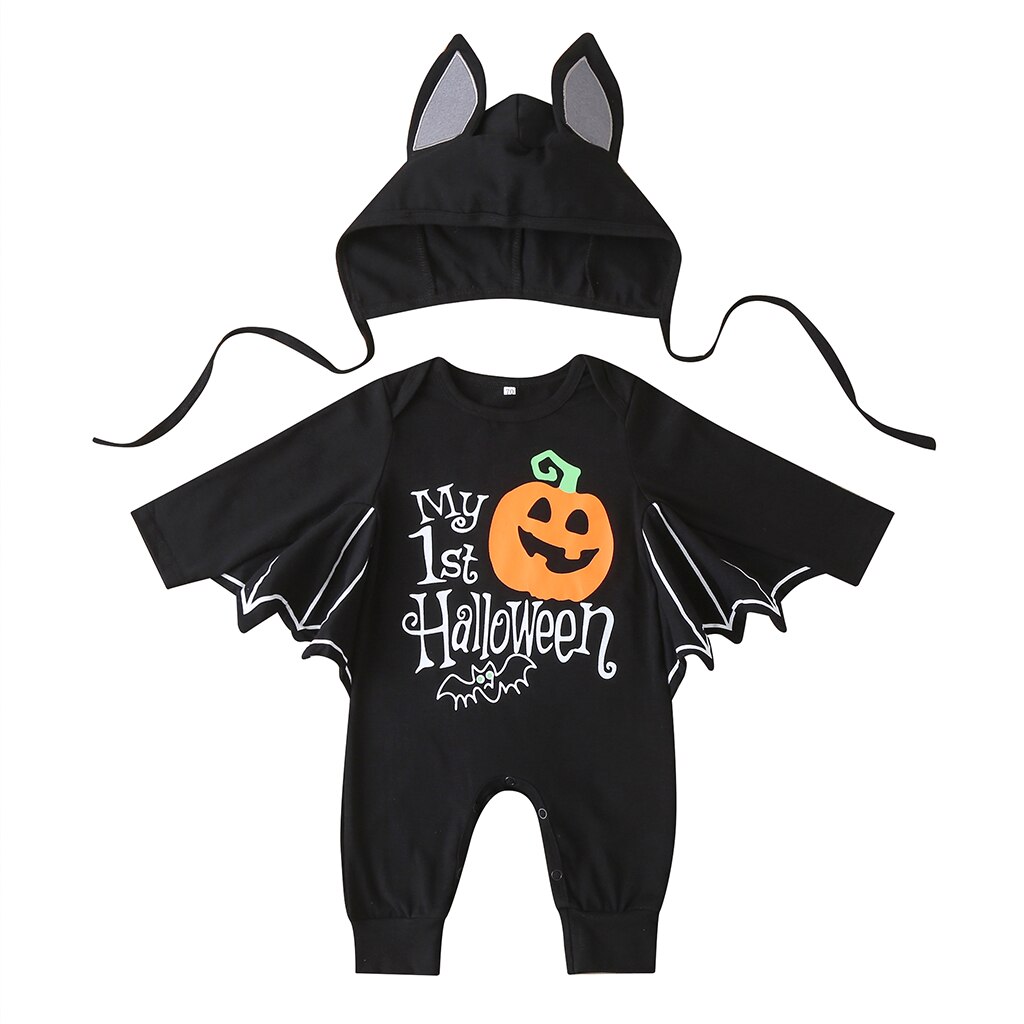 costume di Halloween Del bambino Ragazzi Pagliaccetto Nero Del Manicotto Del Batwing Del Collare Rotondo Zucca Stampato Stampa Tuta Vestiti di Festa 0-24mesi