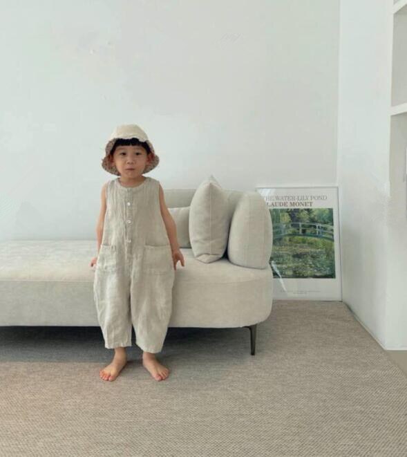 Mono japonés de verano para niños, ropa de algodón y lino con bolsillos y hebilla de una pieza, informal, a la ,: apricot / 80