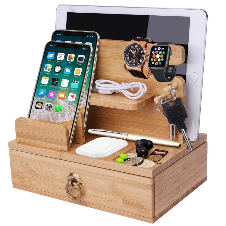 iCozzier Bamboo Multiple Device Desktop Charging Dock Station Organizer Key Holder with Drawer for i Watch,AirPods,iPad,Tablets: Yellow