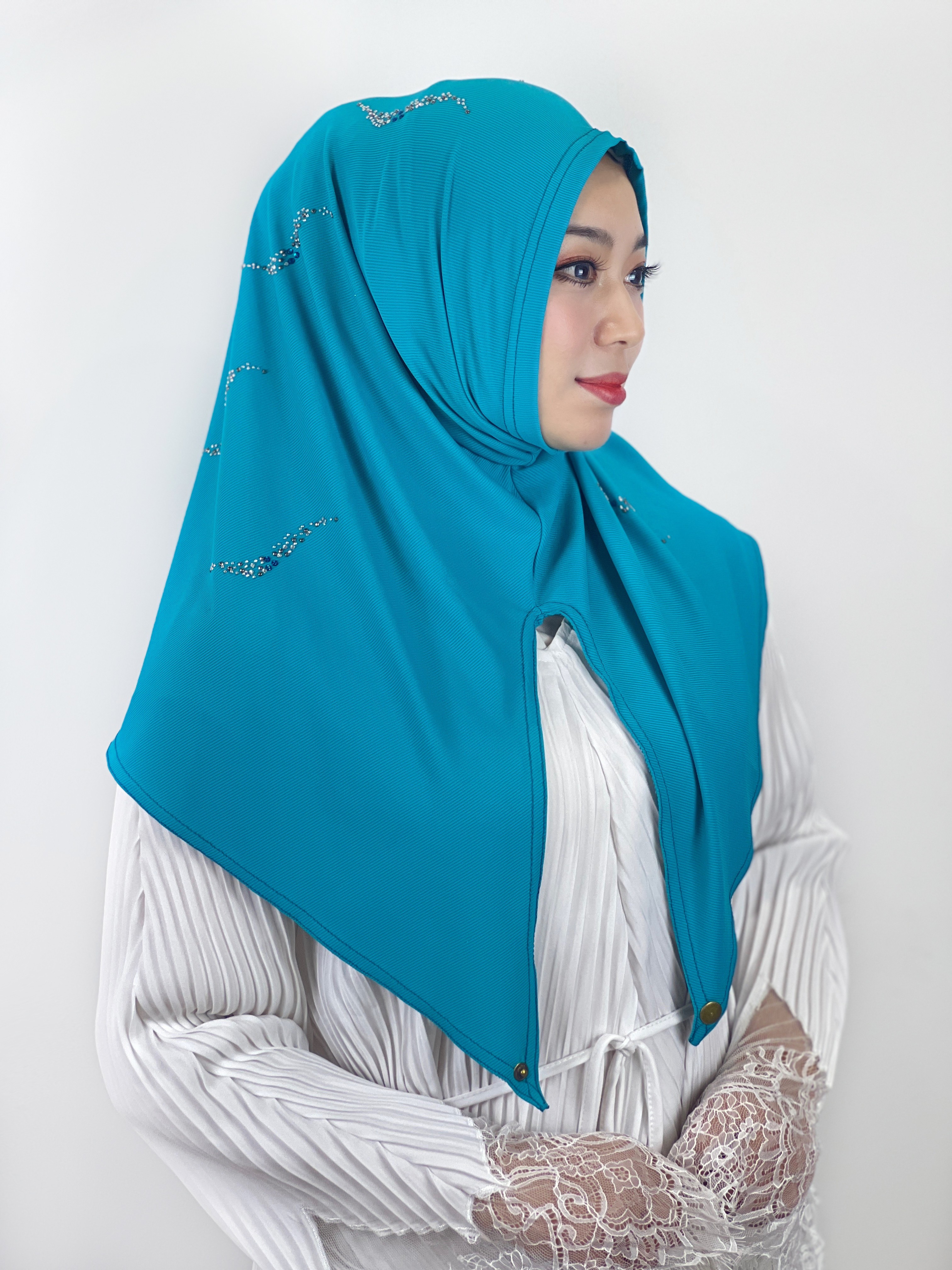 pañuelo cabeza mujer turbante mujer burquini mujer musulmana Hijab musulmán con diamantes de alta elasticidad, pañuelo islámico de Color sólido, listo para usar, turbante plisado, envolturas para la cabeza: Crema