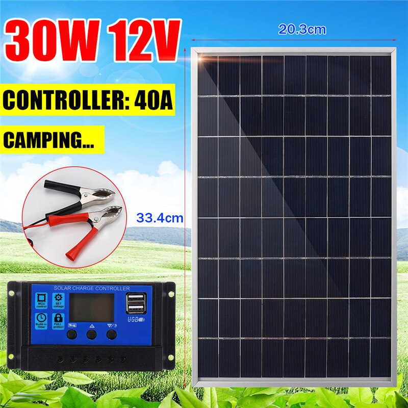 Solar Panel 30W 12V Monocrystalline USB Cell +40A Solar Charger Controller For Battery Cell Phone Charger with Battery Clip