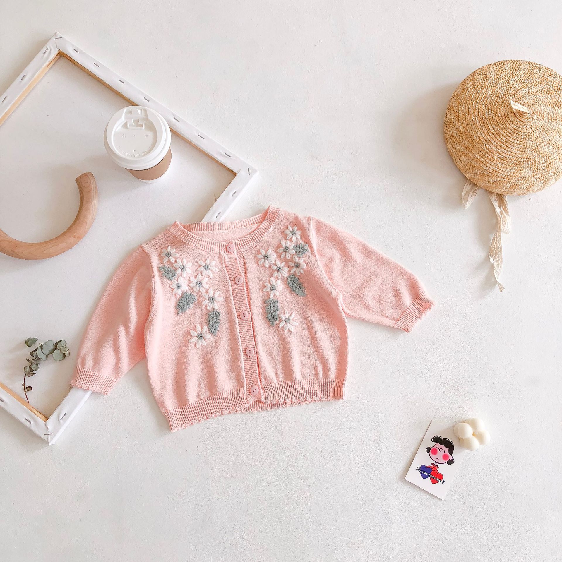 Kids Sweaters Thin Knitted Cotton Clothes Apring Autumn Baby Girls Long Sleeve Open Stitch Flower Embroidery Sweater 0-24 M: 9M