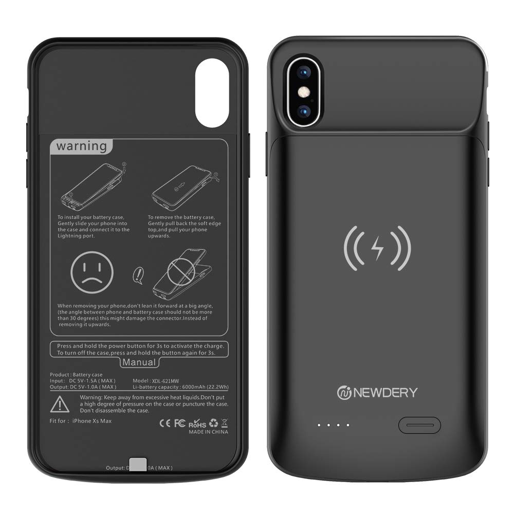 NEWDERY Upgraded for iPhone Xs Max Battery Case Qi Wireless Charging Compatible, 6000mAh External Charger case for iphone xs max