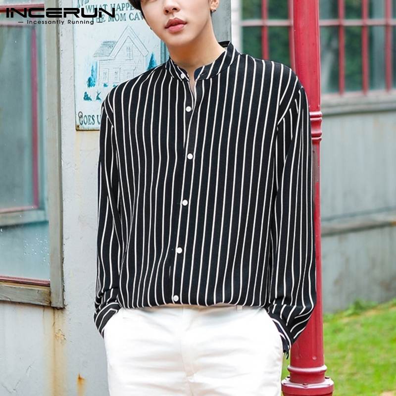 Men Striped Shirt Stand Collar Long Sleeve Casual Camisa Masculina Streetwear Button Loose Leisure Tops S-5XL INCERUN