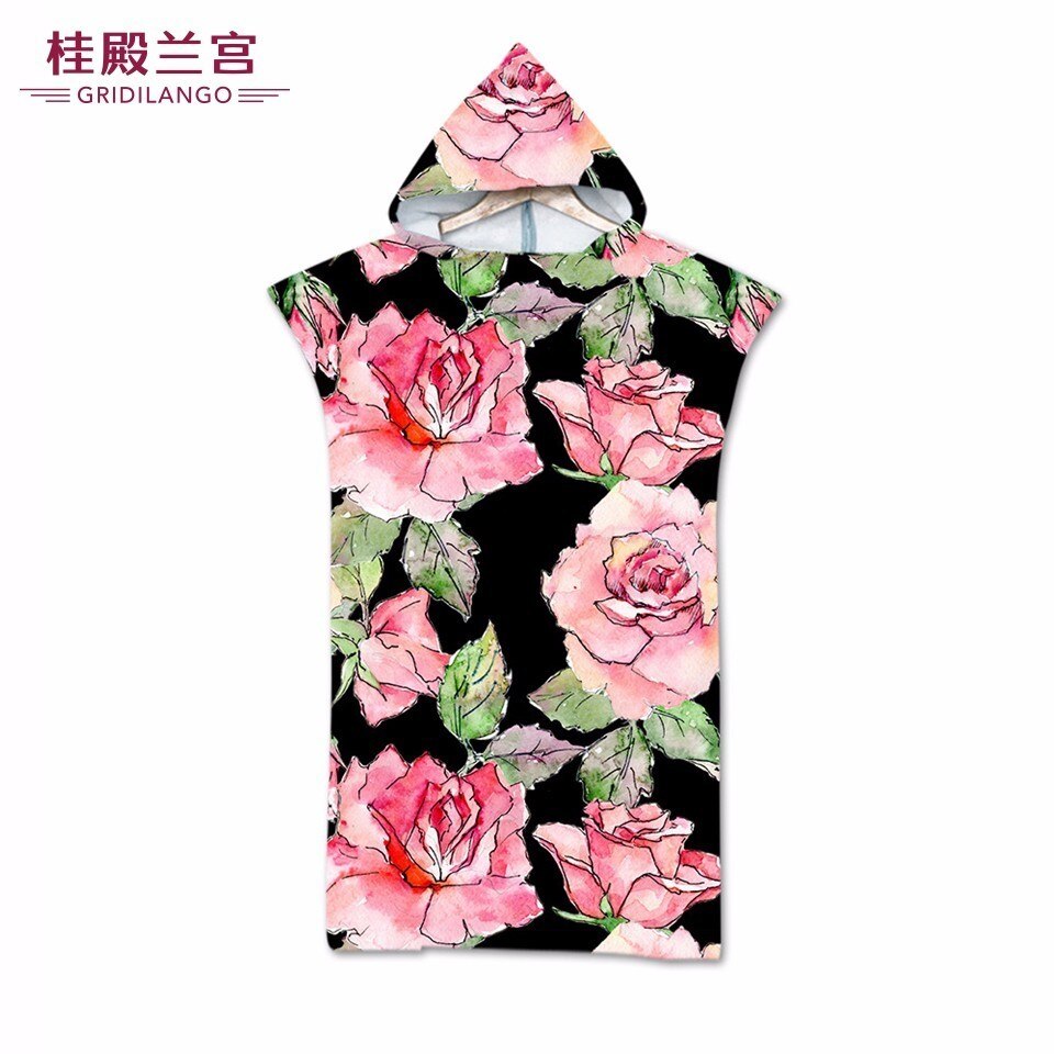 Dubbelzijdig Gedrukt Bloem Hooded Badhanddoeken Mantel Microfiber Romantische Rose Bloemen voor Volwassenen Mannen Vrouwen Strand Handdoeken