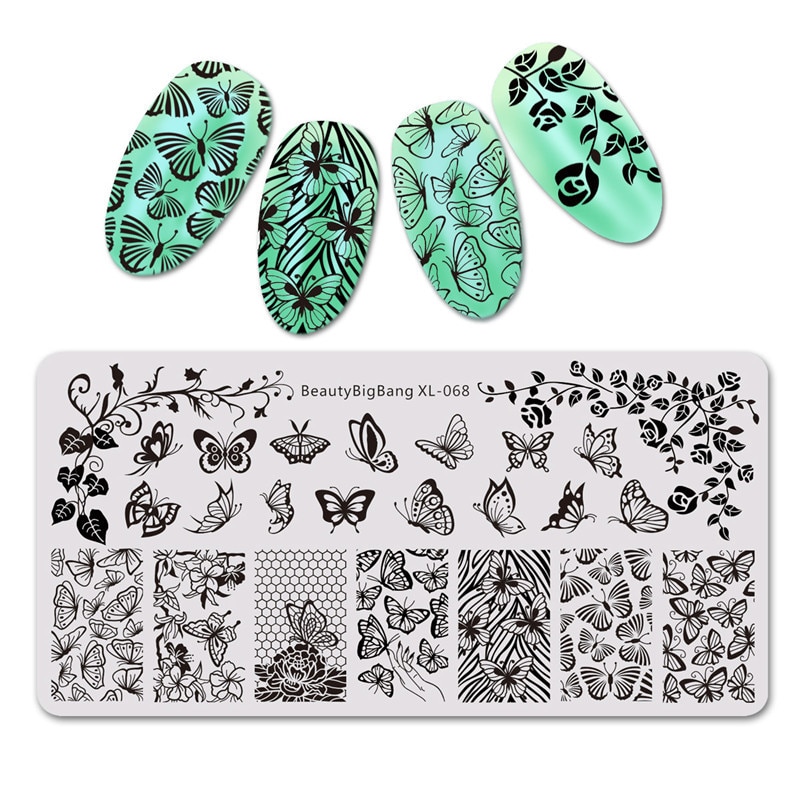BeautyBigBang Stamping Plates for nails Flower butterfly Theme Nail stamping Plates Template Rectangle Nail Art Stencils XL-068