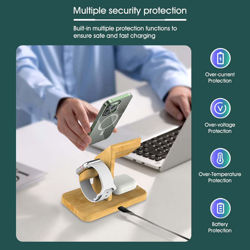 Bamboo 3 in 1 iPhone Wireless Charging Station 15W Charger Stand Dock for iPhone 14/13/12/11 iWatch se7/6/5/4 Airpods 4/3/2