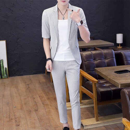 Mens Suits Zomer Mid Mouwen Met 9 Cent Broek Streep Tweedelige Mode Slanke Heren pakken Met Broek: light grey / XXXL