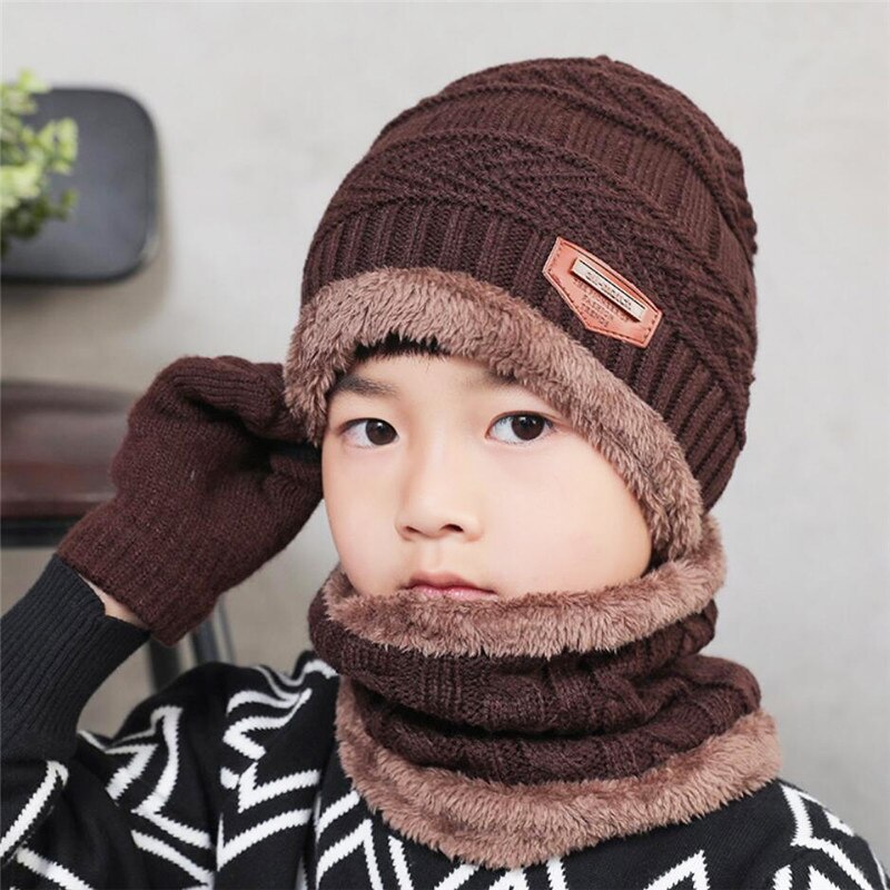 Kinderen winter gebreide muts en sjaal handschoenen set jongen meisjes warme pluche muts 3- delige sets kind outdoor skimuts sjaals effen: Koffie 3 stuks set