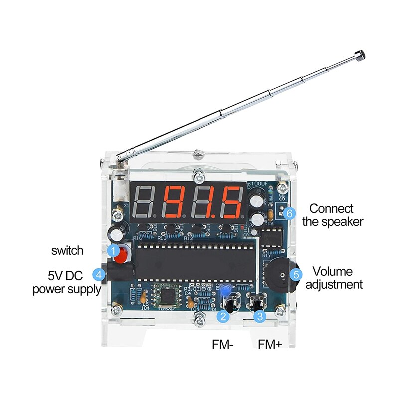 DIY Radio FM Receiver Kit Digital Radio 76MHz-108MHz Adjustable Wireless Receiver with Power Cable Easy to Assemble