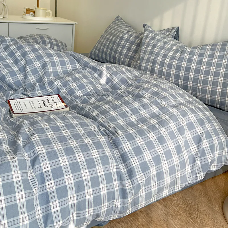 Parure de lit nordique verte à carreaux pour filles et garçons, housse de couette Double Queen Size, drap plat, taie d'oreiller, sans remplissage,: Plein / Black