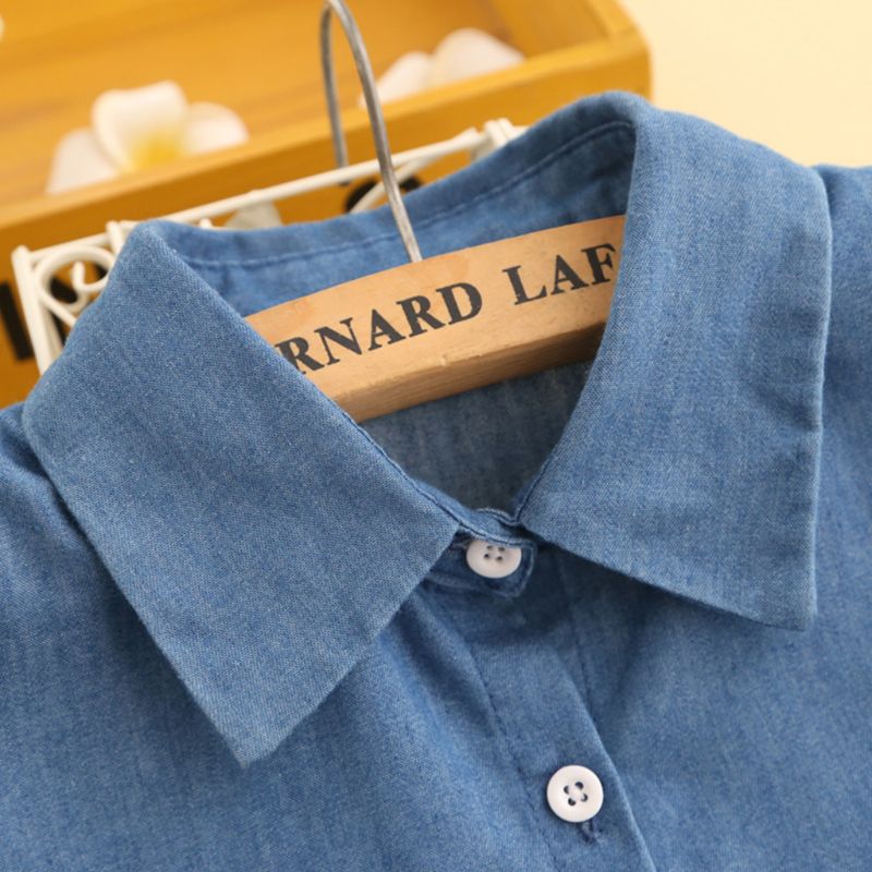 Vrouwen Meisjes Denim Stof Afneembare Half-Shirt Blouse Effen Kleur Revers Valse Nep Kraag Verstelbare Kleding Trui 85WB