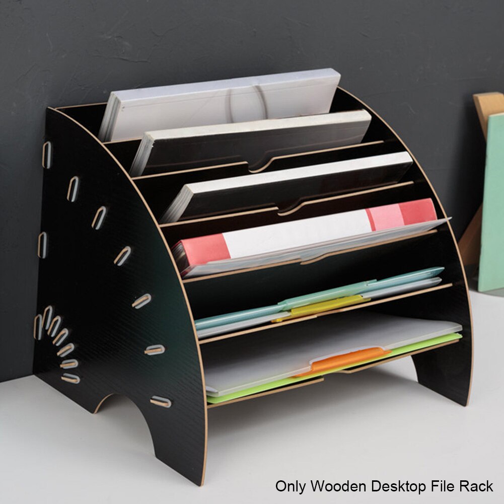 A4 Fan Shaped Wooden Desktop File Rack Home Office Supplies School Multifunction Bookshelf Living Room Desk Organizer Study: Black