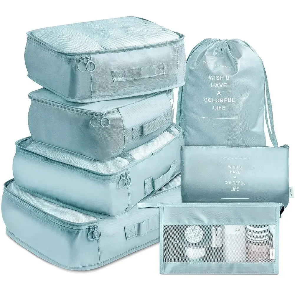 7/Pcs Travel Storage Bag Large Capacity Suitcase Storage Luggage Clothes Sorting Organizer Set Pouch Case Shoes Packing Cube: Blue