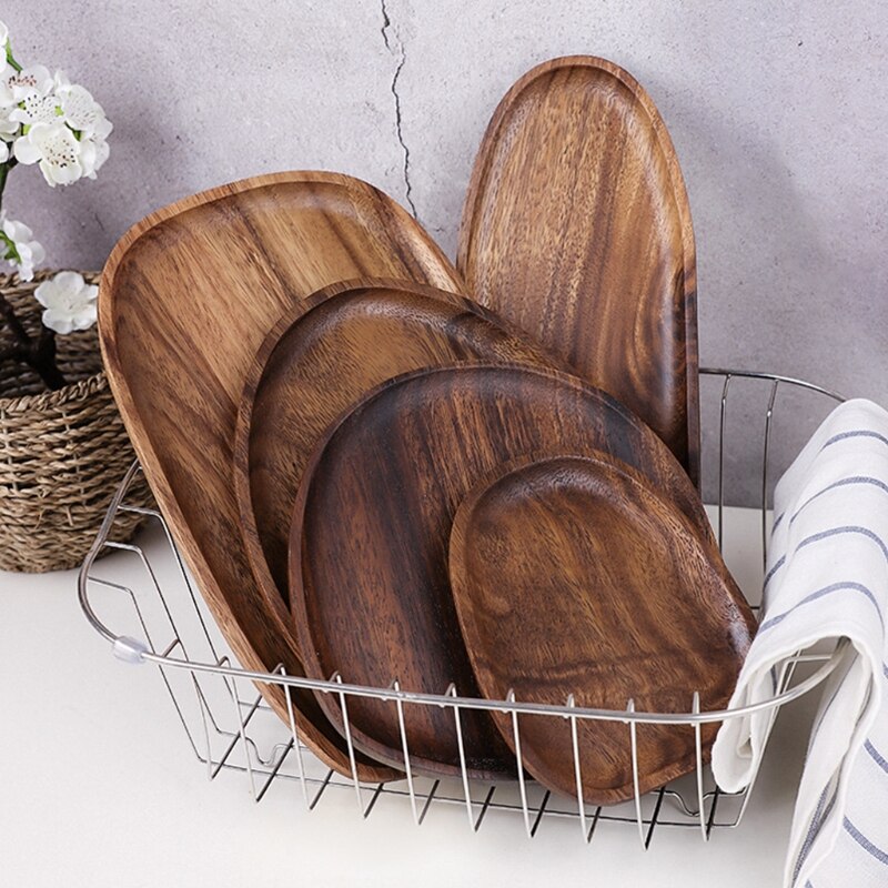 Wood Irregular Oval Dinner Plate Lightweight Easy Cleaning Solid Wood Pan for Dishes Snack Dessert Unbreakable