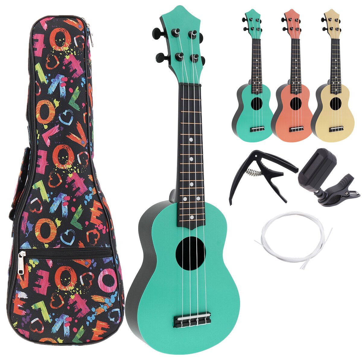 21 Inch Soprano Ukulele ABS Plastic 4 Strings Hawaiian Guitar Musical Instruments Ukulele Soprano Guitar with Bag Tuner: Green