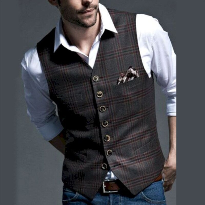Herre jakkesæt veste kaffe herre tøj bryllup tweed business vest jakke afslappet slim fit gilet homme vest til frisører bryllup