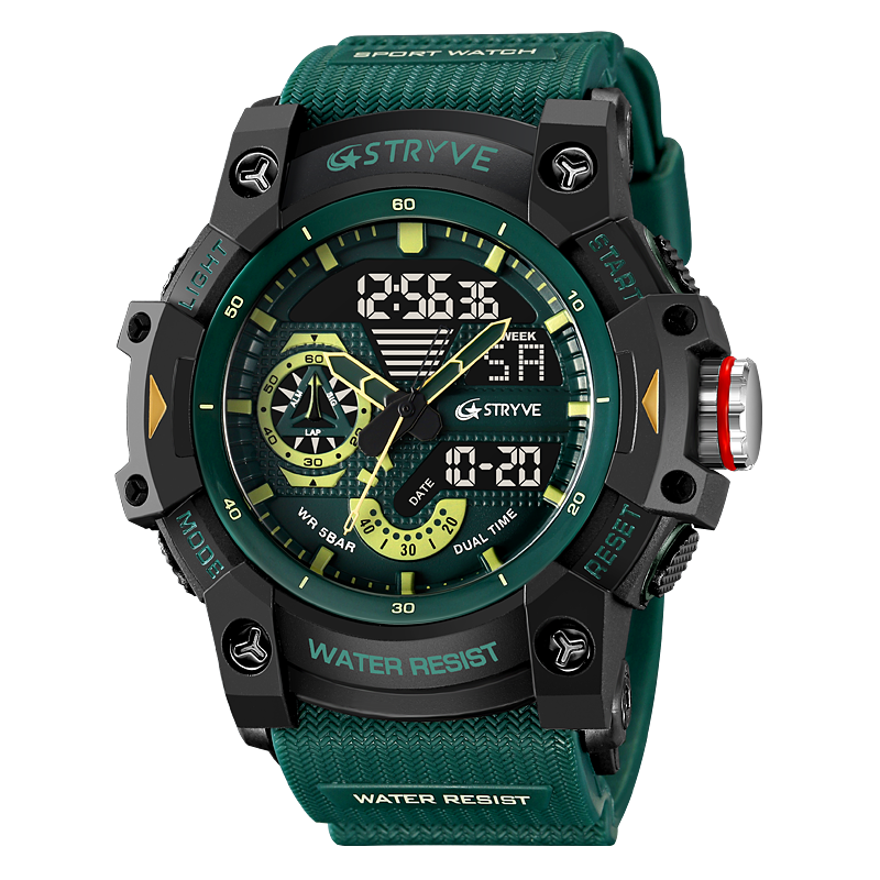 STRYVE Sports Dual Display Watch For Men LED Digital Quartz Waterproof Watches Men's Stopwatches Clock Youth Wristwatches 8029: green