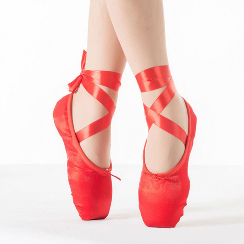 Newly Women Ballet Dance Toe Shoes Satin Pointe Silk Ribbon Bandage Shoes VK-ING: red 37