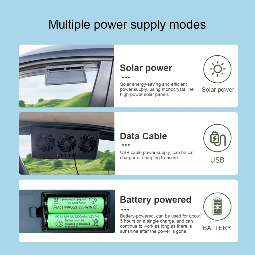 Solar Powered Car Radiator Cooling Fan with 3 Air Outlets Car Window Air Vent Fan USB Powered Auto Ventilation Fan for All Cars