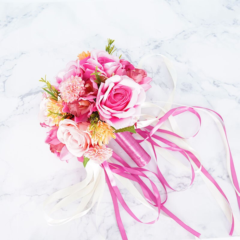 Bride Holding Flowers Bouquet Artificial Wedding Flower Ribbon Bridal Bouquet For Bride Bridesmaids Pink Champagne Bouque PH068