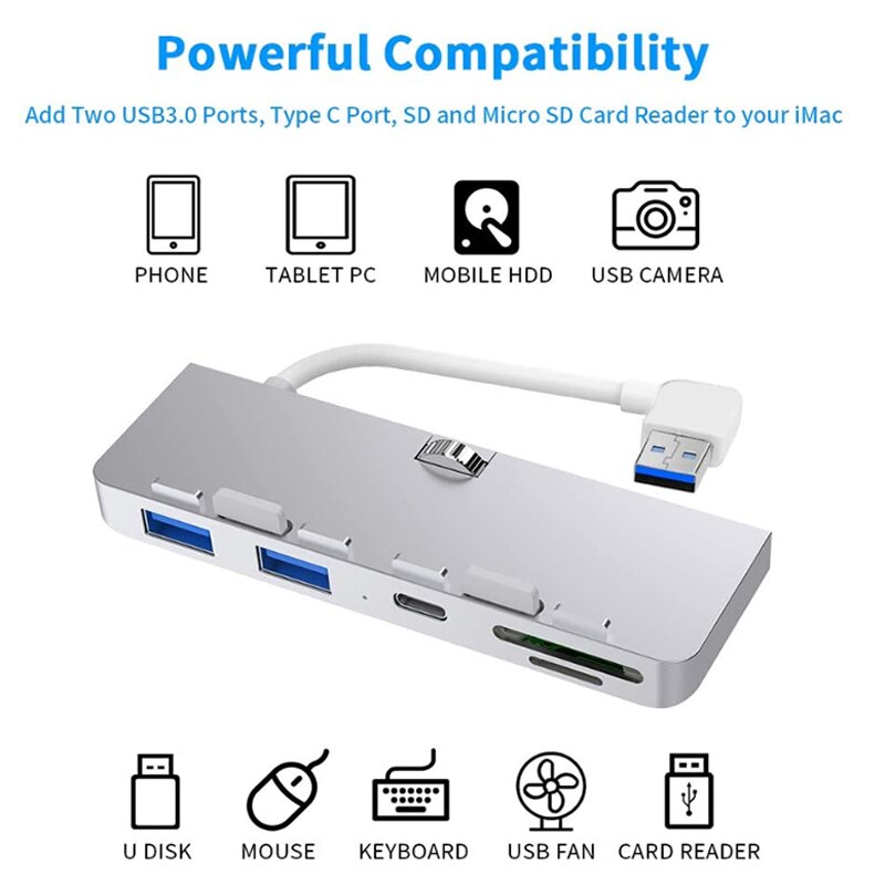 Rocketek Aluminum Alloy USB 3.0 Hub 3 Port Adapter Splitter with SD/TF Card Reader and Type-C for iMac 21.5 27 PRO Slim Computer