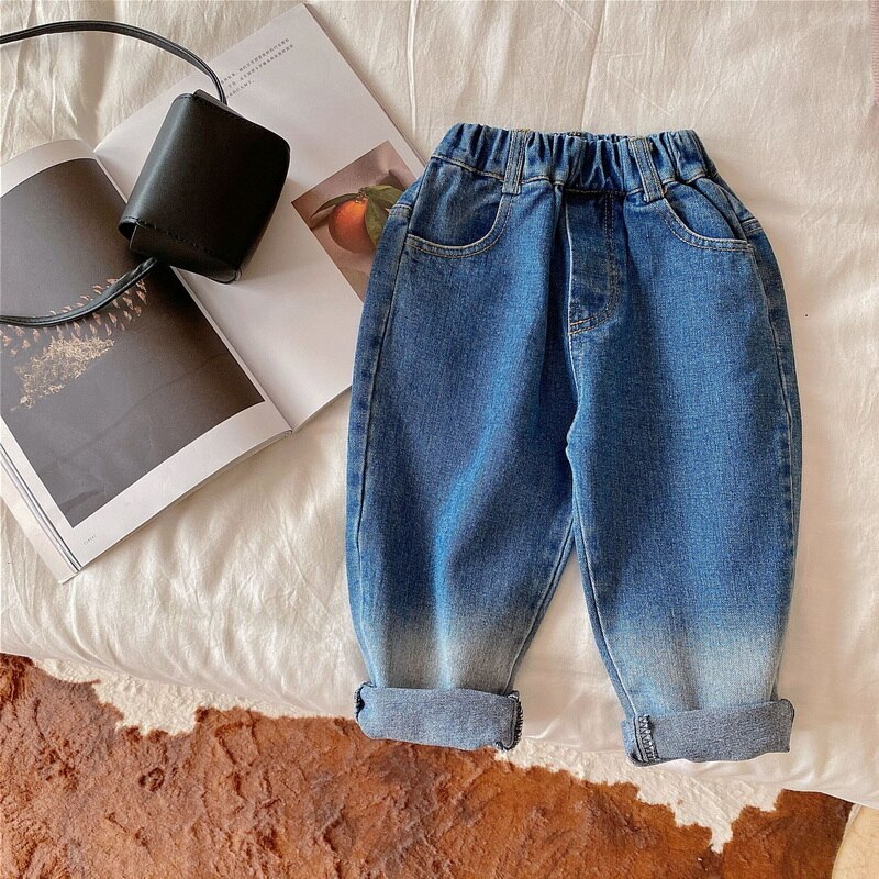 Jean de Style coréen pour garçons et filles, taille élastique, ample, pantalon en Denim, couleur dégradée, vêtements pour enfants, automne , E2800
