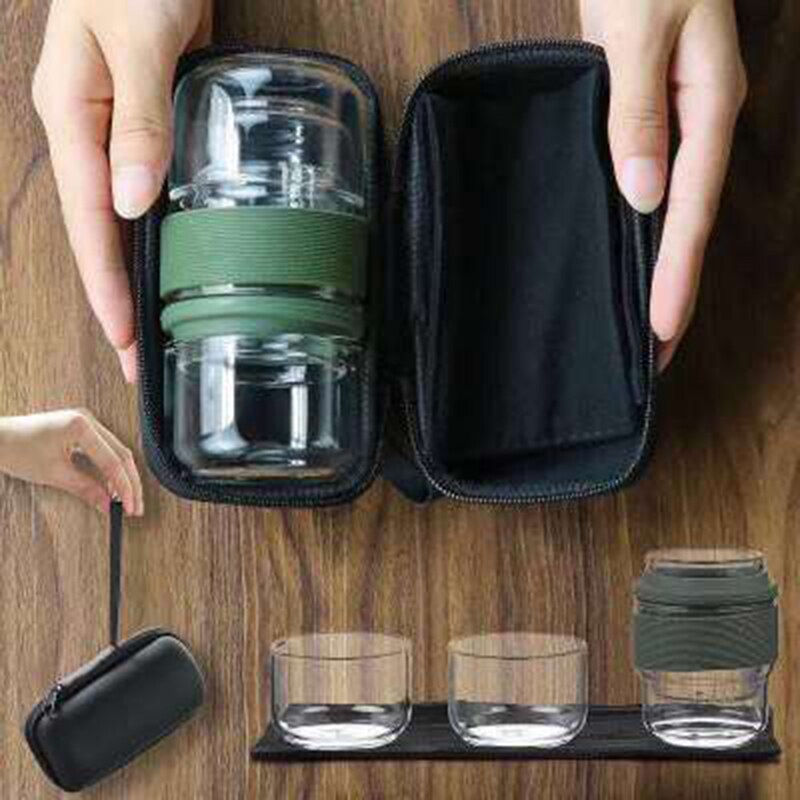 Reizen Thee Set Kung Fu Thee Pot met Draagbare Case Glas Theekopjes met Zetgroep voor Reizen Thuis QJS Winkel: Groen