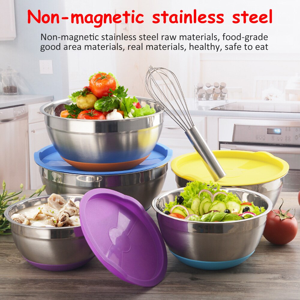 5pcs/set Stainless Steel Mixing Bowls Non Slip Silicone Bottom Kitchen Egg Mixer Bowl for Food Storage Salad Cooking Baking